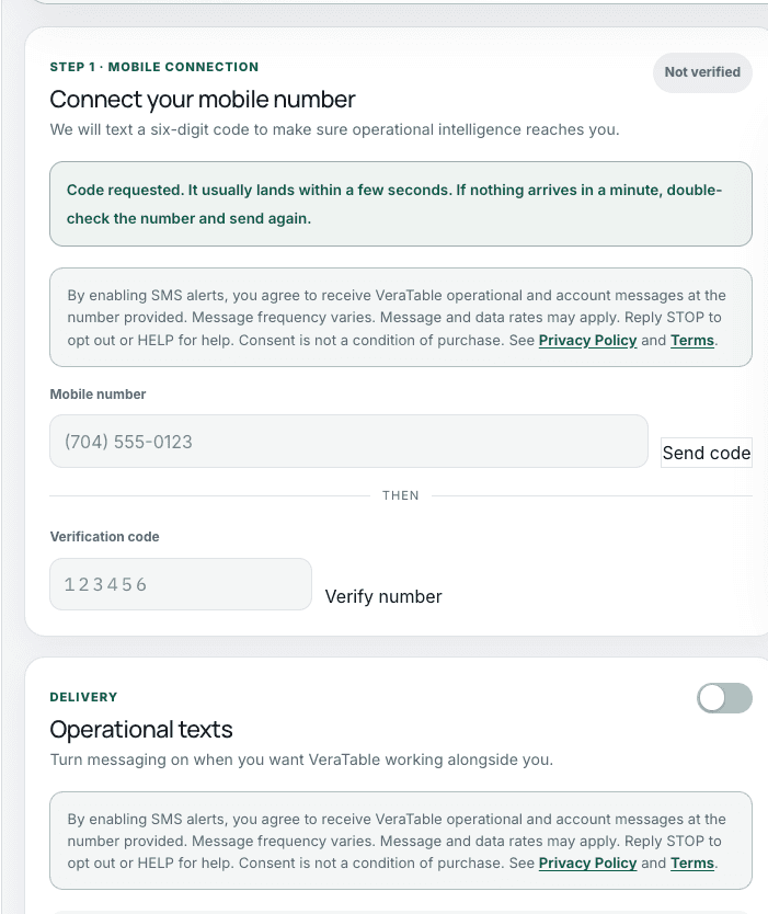 VeraTable SMS opt-in and mobile-number verification interface showing consent disclosure, phone-number field, STOP and HELP instructions, and verification-code workflow.